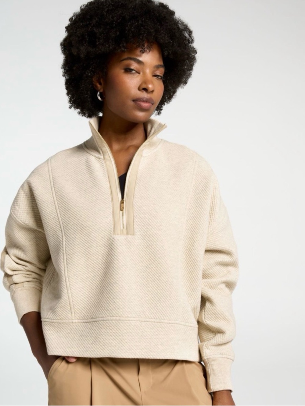 CALIA Women's Elevate Ripple Cream 1/4 -Zip Textured Sweatshirt